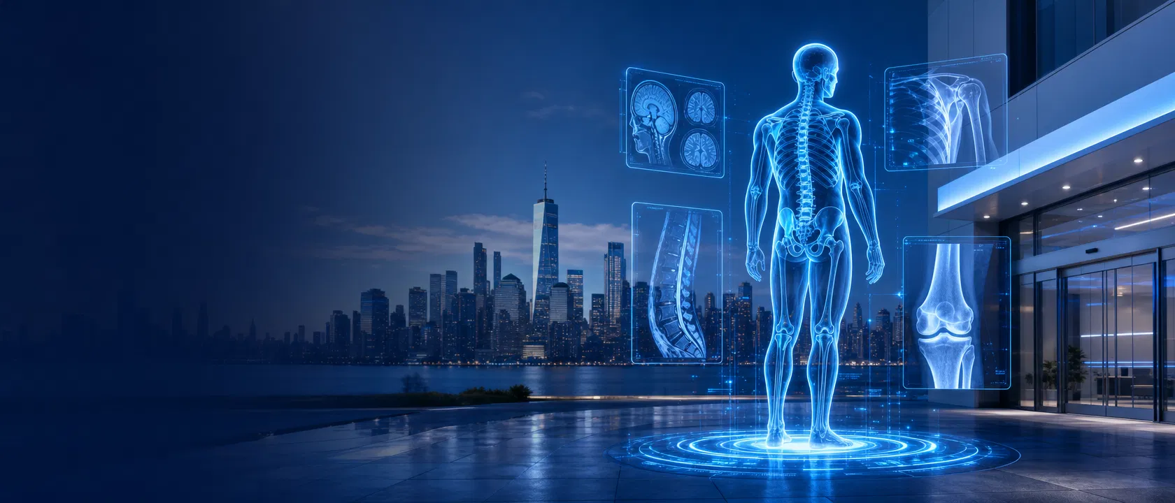 Holographic body scan with MRI panels and NYC skyline